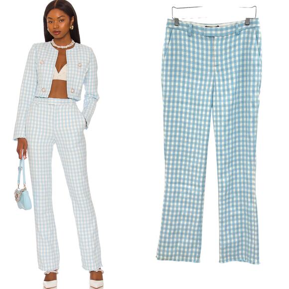 Revolve Assignment Chloe Trouser Pants Gingham Print Blue White Size Medium - Picture 1 of 13